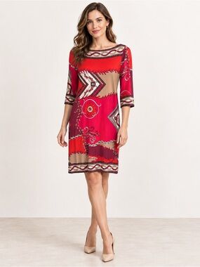 Harold’s Pink Red Geometric Print Stretch Sheath Dress Size 6
